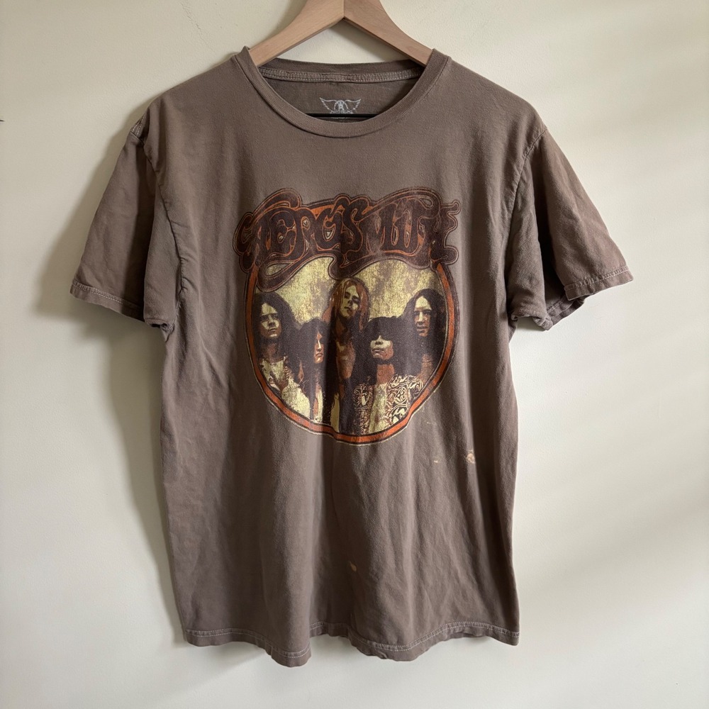 Aerosmith Band Graphic T-Shirt Brown Vintage Style Rock Tee Large